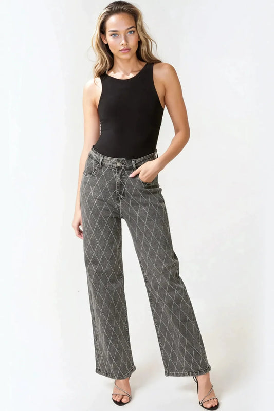 Black Wash Diamond Embellished Straight Leg Jeans