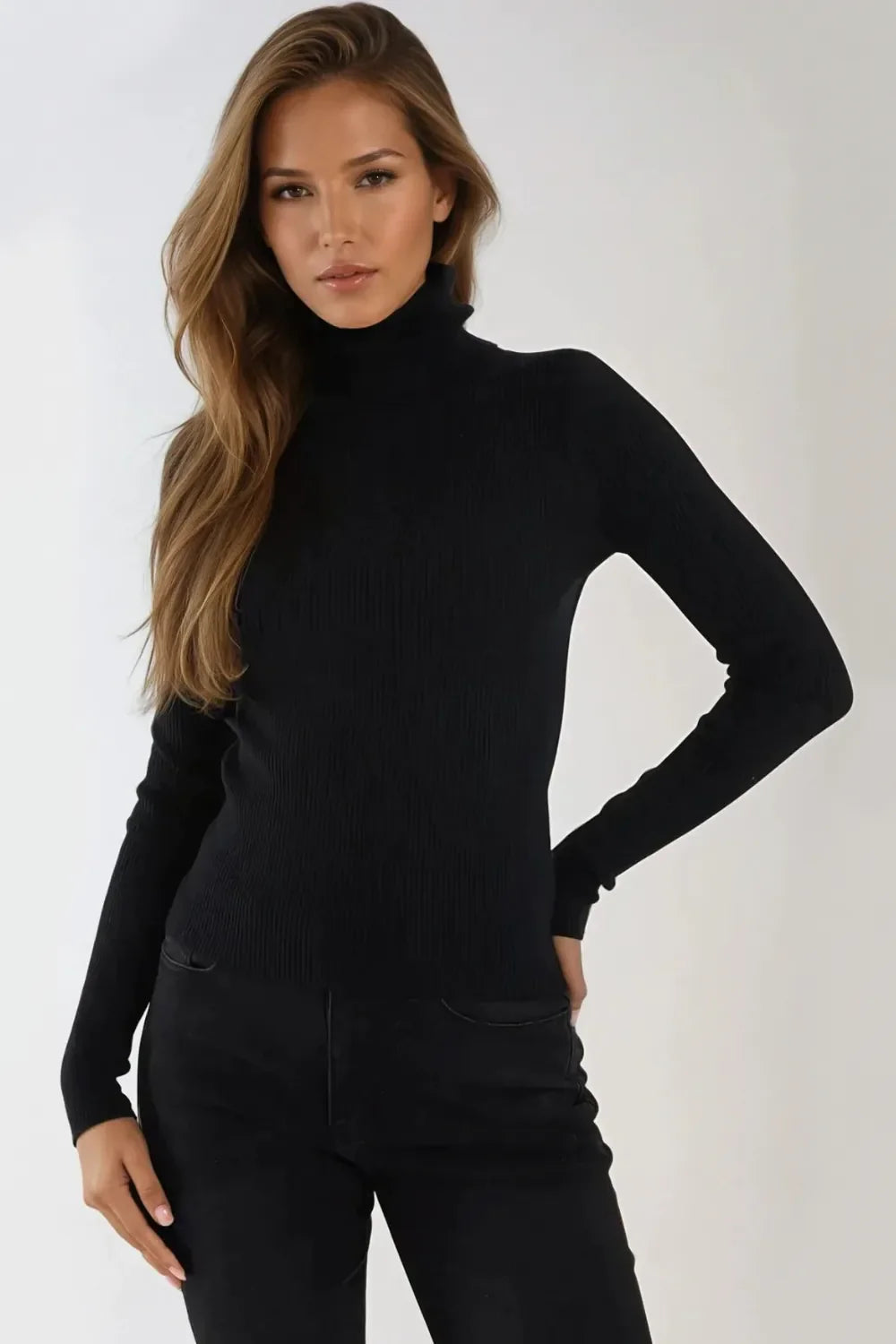 Black Ribbed Roll Neck Jumper-0