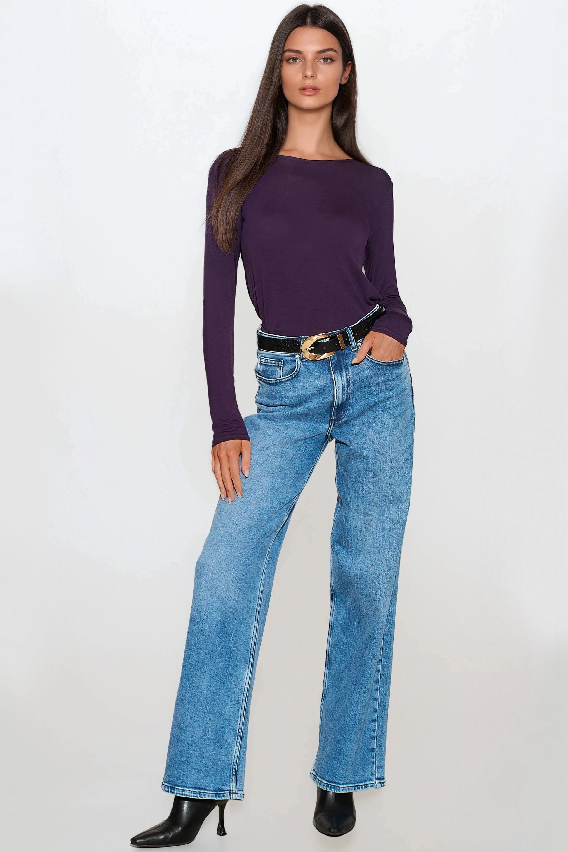Purple Round Neck Long Sleeve Top-1
