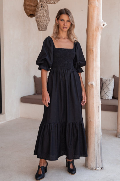 Almeria Smocked Midi Linen Dress-5