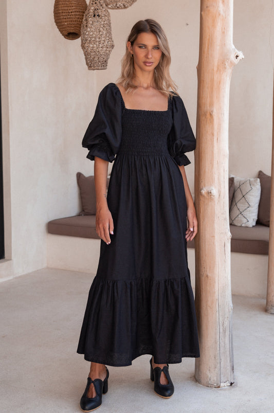 Almeria Smocked Midi Linen Dress-0