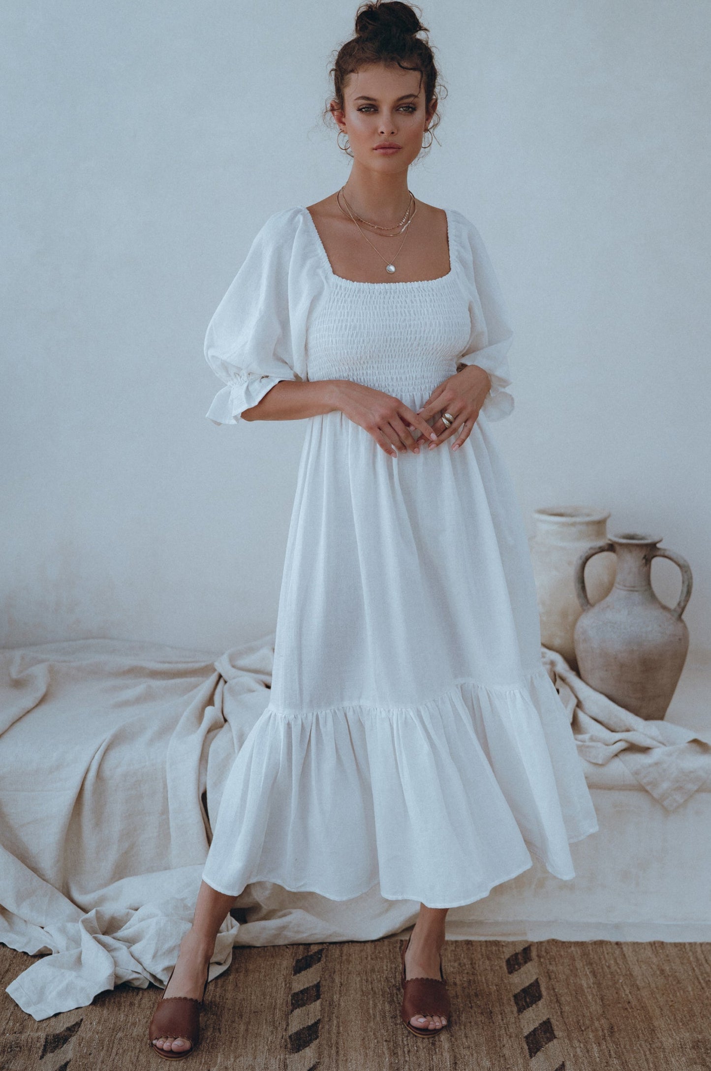 Almeria Smocked Midi Linen Dress-6