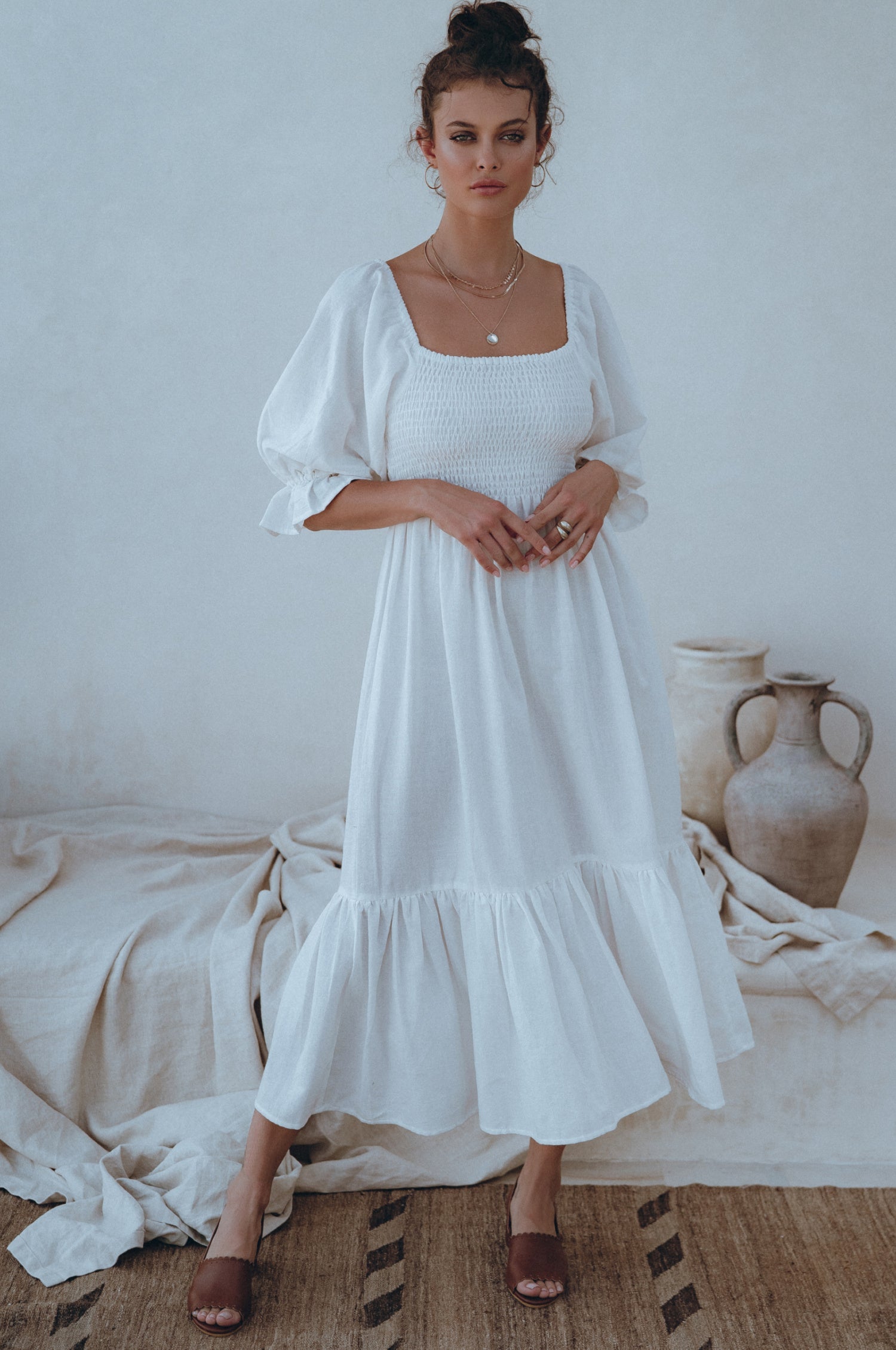 Almeria Smocked Midi Linen Dress-0