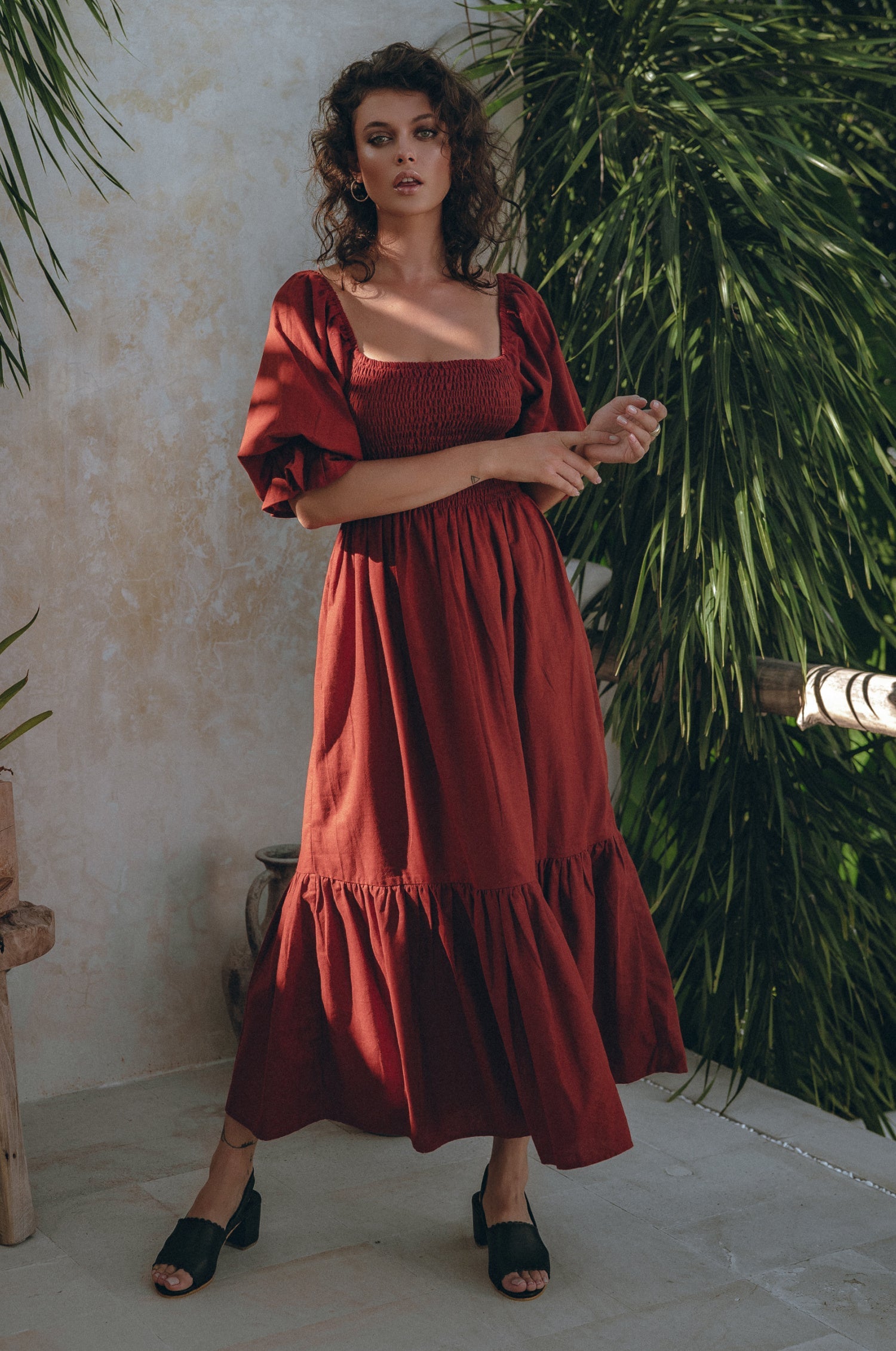 Almeria Smocked Midi Linen Dress-0