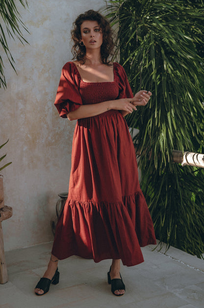 Almeria Smocked Midi Linen Dress-6
