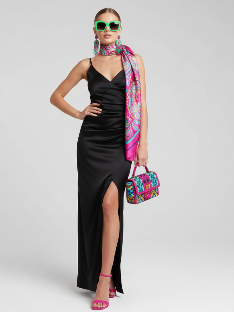 Black Backless V-Neck Slit Dress For Women, Fitted, Greenwich Village, BYMANYC New York.-1
