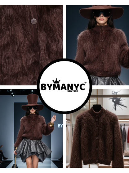 Brown Stand-Up Collar Jacket For Women, Gramercy, BYMANYC New York.-1