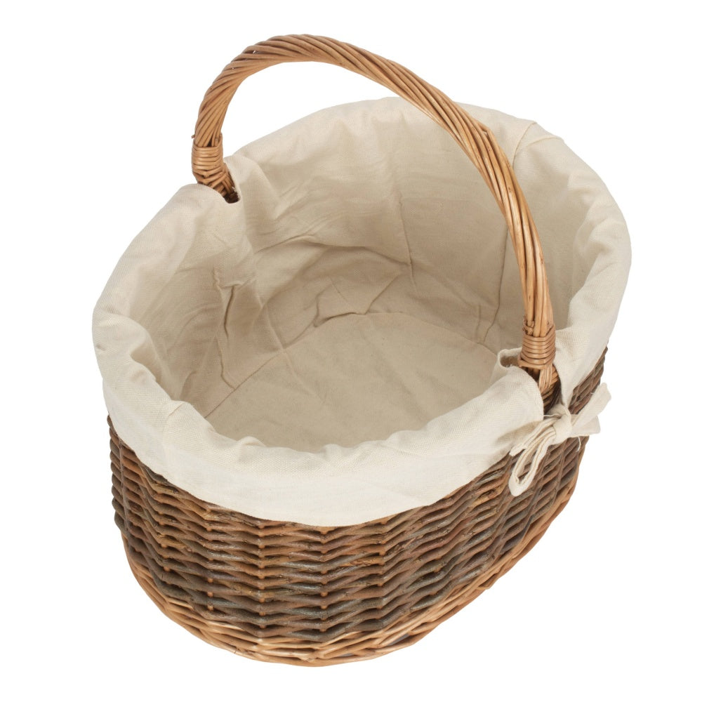 White Cotton Lined Country Oval Wicker Shopping Basket