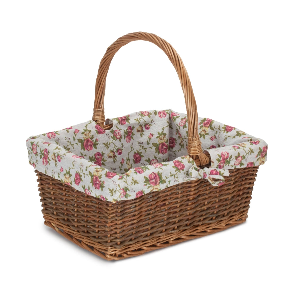 Rectangular Unpeeled Willow Shopping Basket With Garden Rose Lining-1