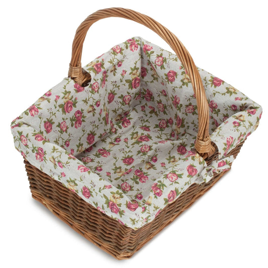 Rectangular Unpeeled Willow Shopping Basket With Garden Rose Lining-0