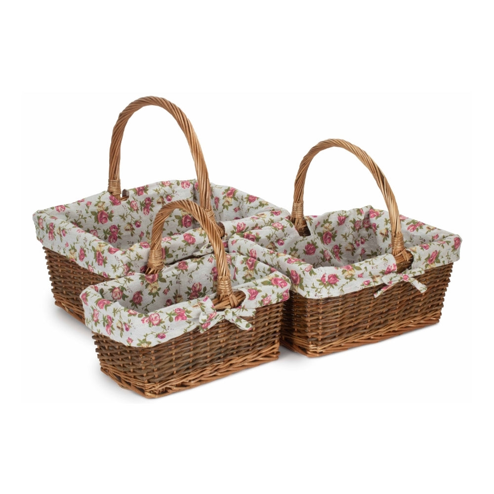 Rectangular Unpeeled Willow Shopping Basket With Garden Rose Lining-3