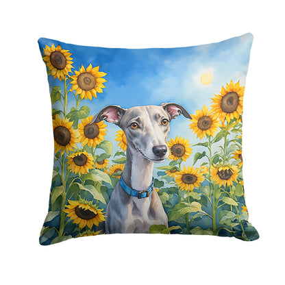 Whippet in Sunflowers Throw Pillow-0