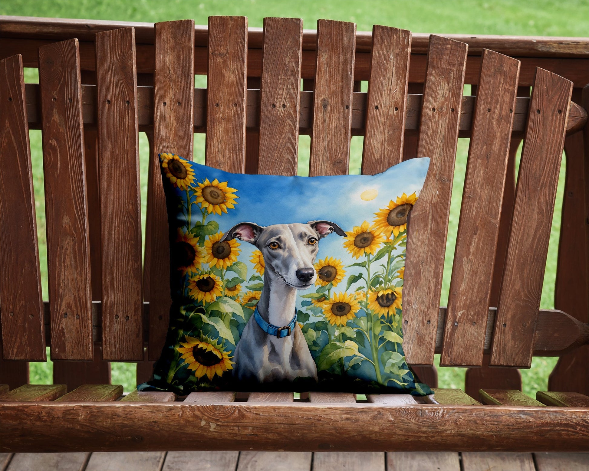 Whippet in Sunflowers Throw Pillow-1