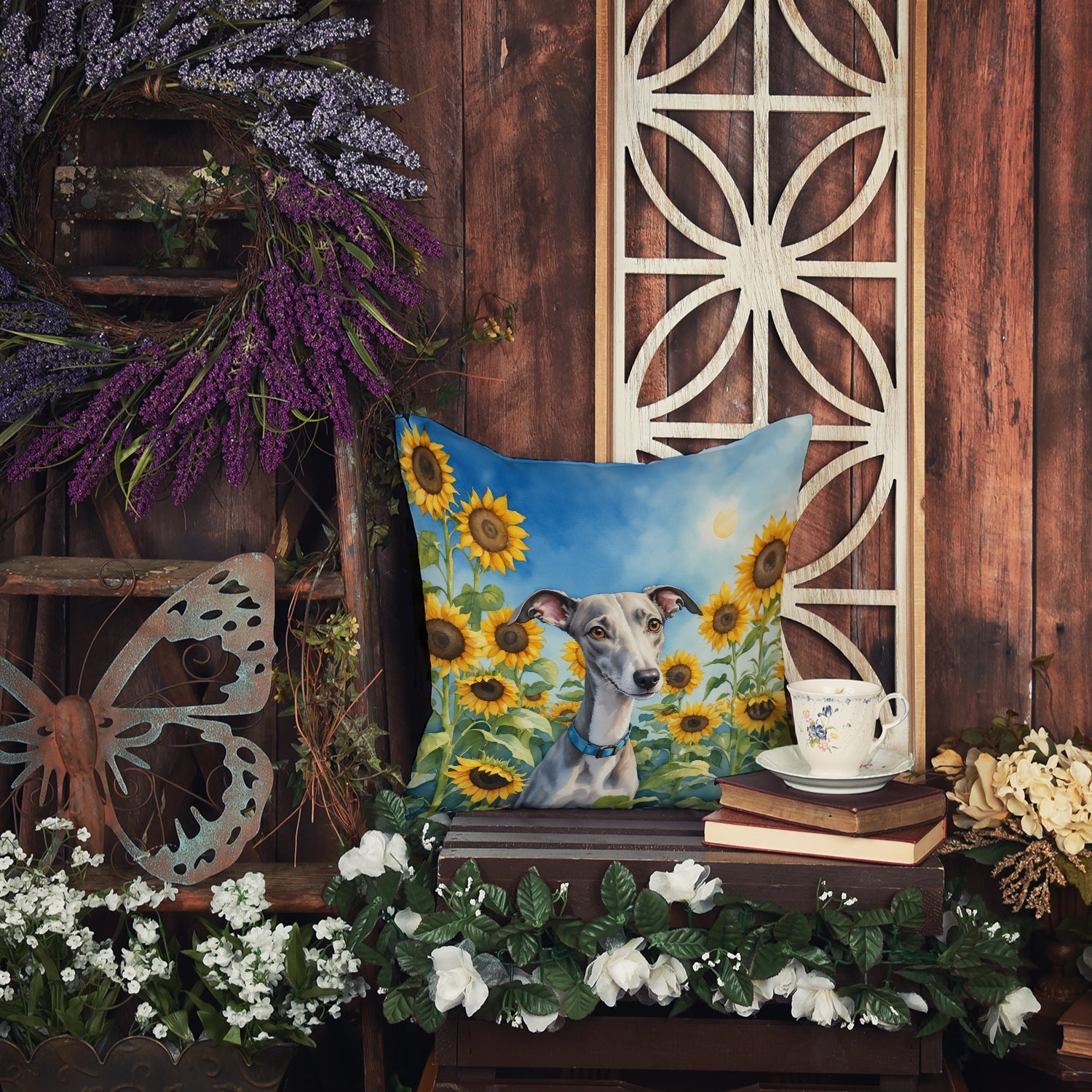 Whippet in Sunflowers Throw Pillow-3