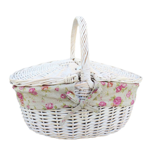 Whitewash Finish Oval Wicker Shopping Basket-0