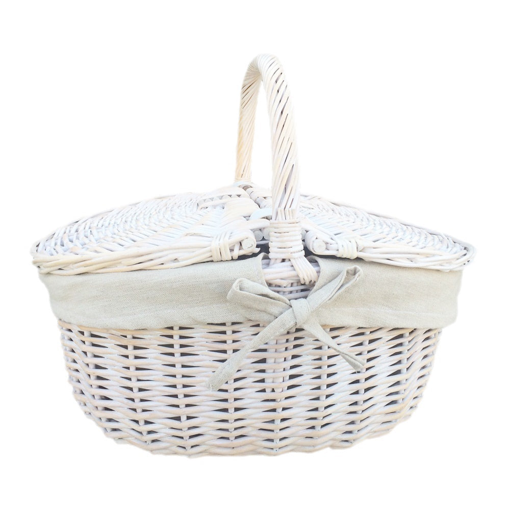 Whitewash Finish Oval Wicker Shopping Basket-2