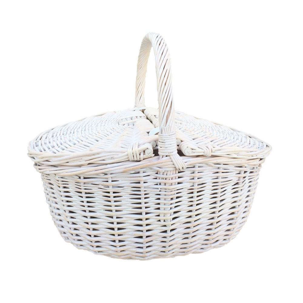 Whitewash Finish Oval Wicker Shopping Basket-1
