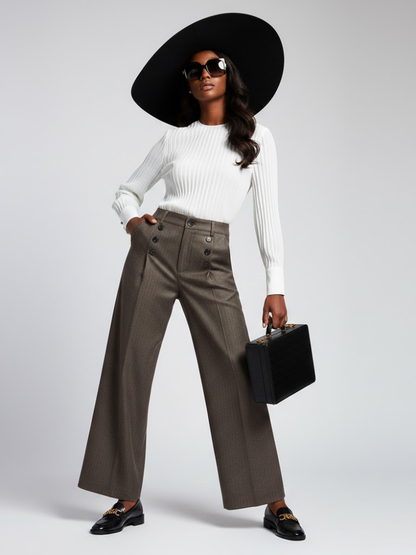 Elegant Wide-Leg Women's Trousers with Front Buttoning • BYMANYC ® New York-0