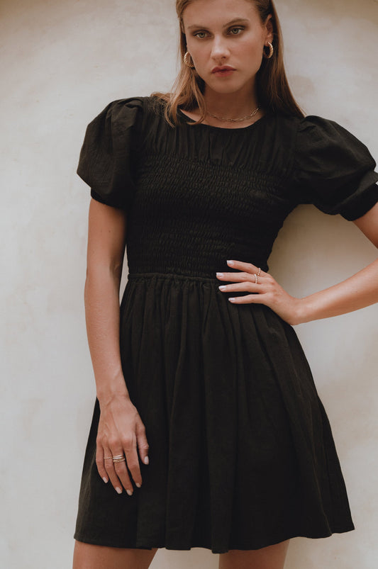 Elodie Smocked Linen Mini Dress-0