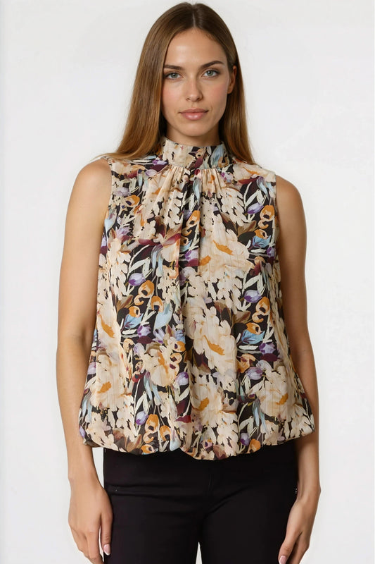 Black Floral High Neck Puffball Top-0