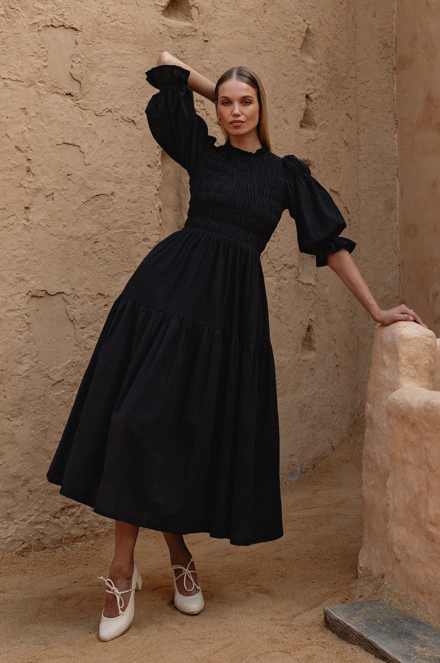 Florence Smocked Linen Midi Dress-0
