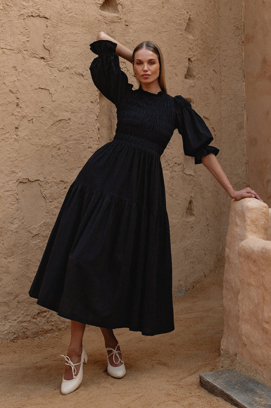 Florence Smocked Linen Midi Dress-0