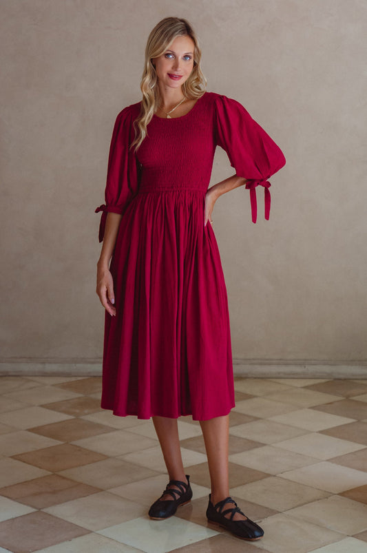 Freya Smocked Linen Midi Dress-0