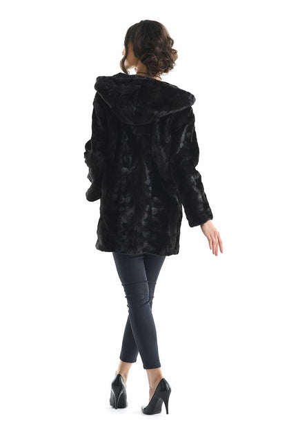 Dark Brown Hooded Genuine Mink Fur Coat with Leather Belt-1