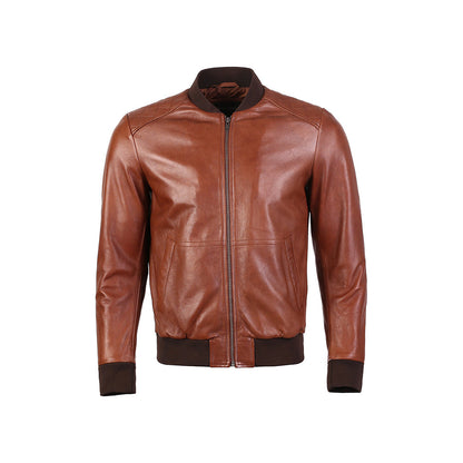Greer Men's Wax Finish Sheepskin Leather Bomber Jacket-4