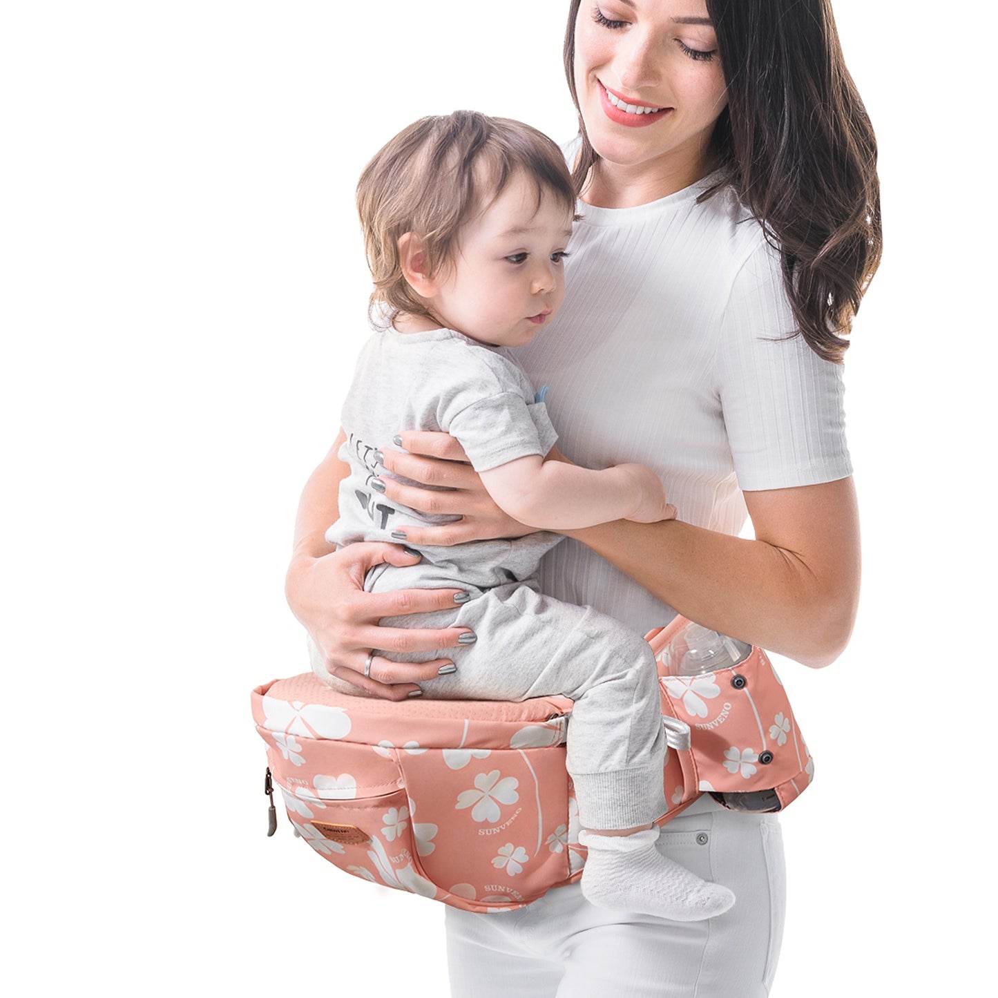SUNVENO ergonomic hip seat baby carrier with adjustable fit, showing padded hip seat and supportive straps for comfortable baby carrying.