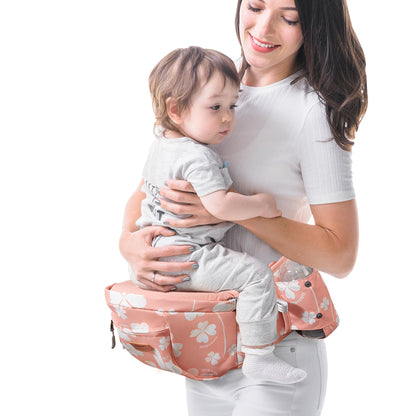 SUNVENO ergonomic hip seat baby carrier with adjustable fit, showing padded hip seat and supportive straps for comfortable baby carrying.