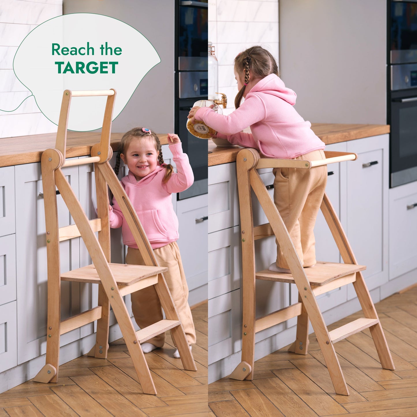 Folding Growing Chair– Montessori Step Stool with Safety Rails for Toddlers – White