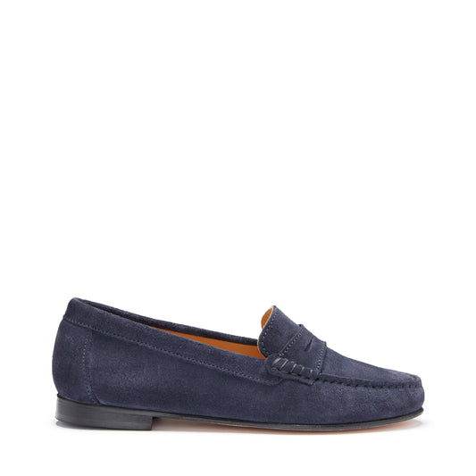Women's Penny Loafers Leather Sole, navy blue suede-0