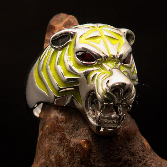 Excellent crafted Men's Predator Ring Tiger red CZ Eyes and yellow Stripes - Sterling Silver-0
