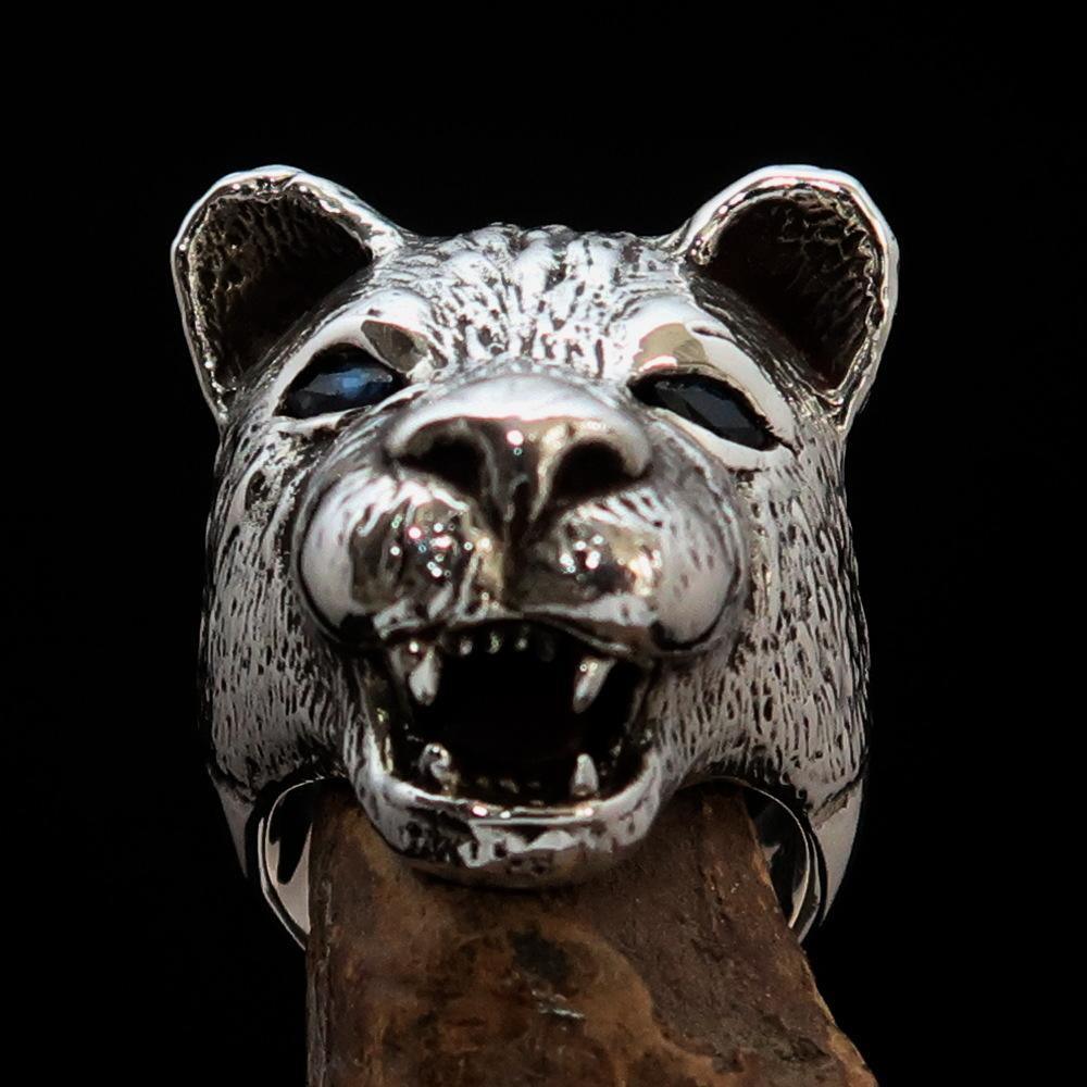 Excellent crafted Men's Animal Ring Lioness blue Sapphire Eyes Sterling Silver 925-1