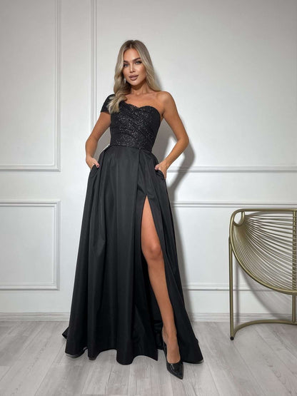 Full-length back view of lavender satin maxi