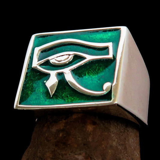 Excellent crafted Men's Ring All seeing Udjat Eye of Ra Green - Sterling Silver-0