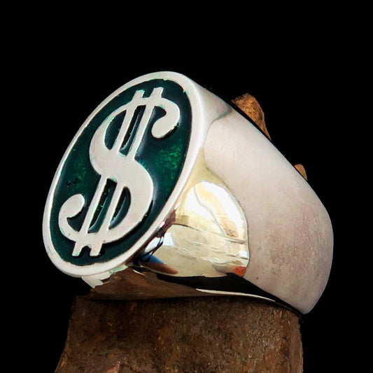 Excellent crafted Men's Currency Ring US Dollar Symbol Green - Sterling Silver-1