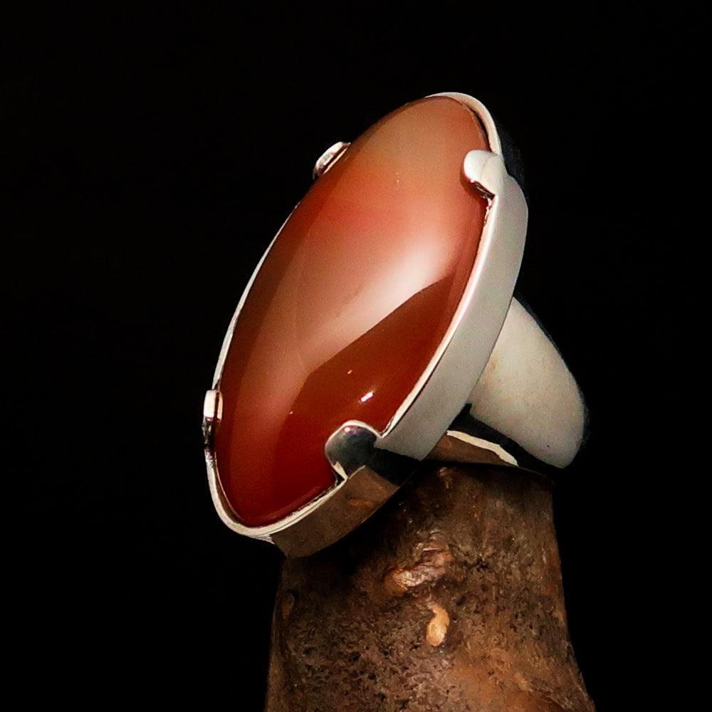 Minimalistic Sterling Silver Ring with oval shaped orange Agate Cabochon-4