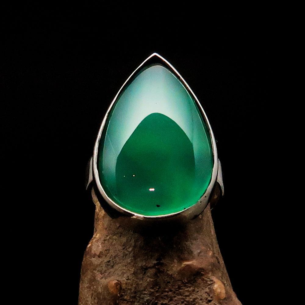 Green Agate Silver Ring, Pear shaped Sterling Silver Ring, green Agate Cabochon, handmade silver ring, unique design, Minimalist - Size 9-1