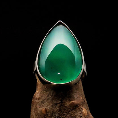 Green Agate Silver Ring, Pear shaped Sterling Silver Ring, green Agate Cabochon, handmade silver ring, unique design, Minimalist - Size 9-1