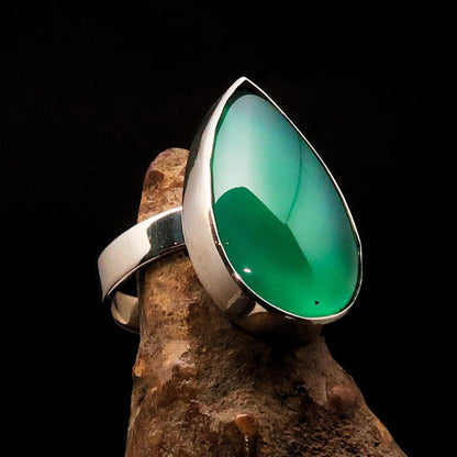 Green Agate Silver Ring, Pear shaped Sterling Silver Ring, green Agate Cabochon, handmade silver ring, unique design, Minimalist - Size 9-0