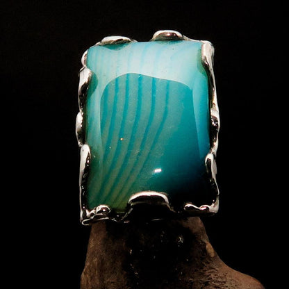 Unique Agate Ring, Rectangle shaped Ring, Sterling Silver Ring, Artwork Ring with green and white Agate Cabochon, Gift for Her - Size 9.5-1