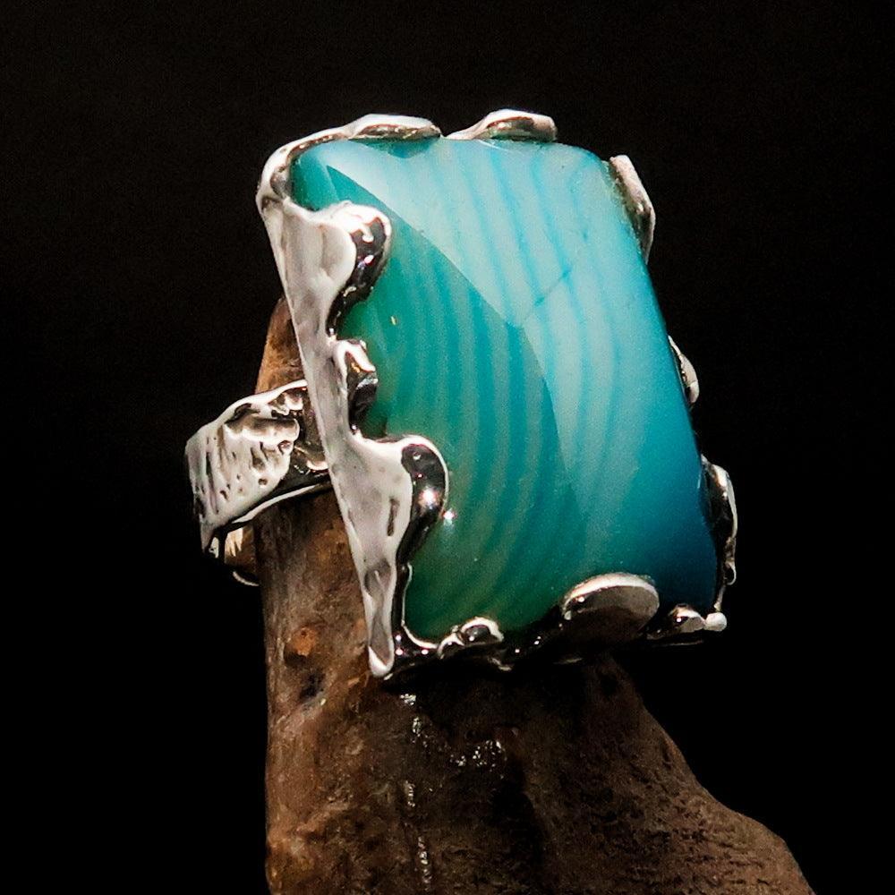 Unique Agate Ring, Rectangle shaped Ring, Sterling Silver Ring, Artwork Ring with green and white Agate Cabochon, Gift for Her - Size 9.5-0