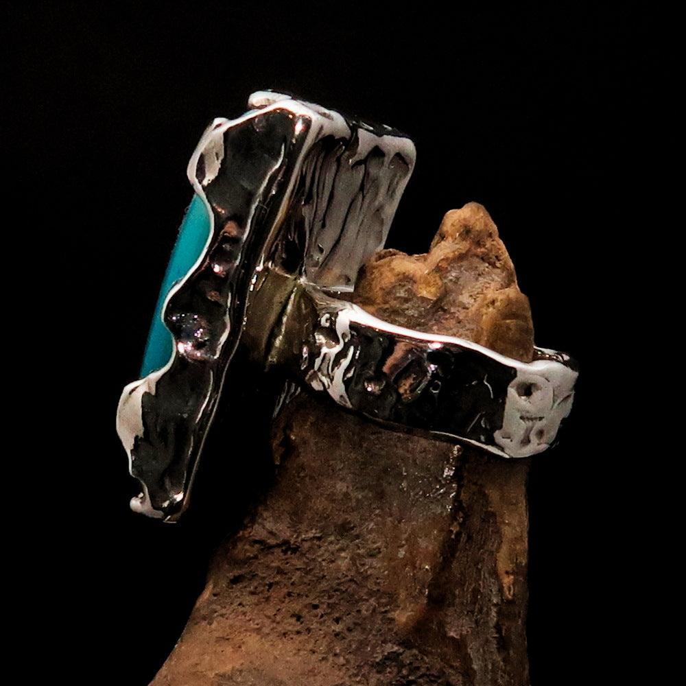 Unique Agate Ring, Rectangle shaped Ring, Sterling Silver Ring, Artwork Ring with green and white Agate Cabochon, Gift for Her - Size 9.5-4