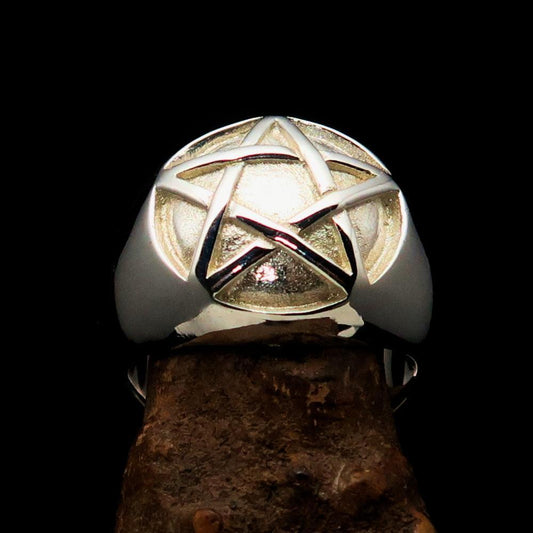 Excellent crafted Men's Pinky Ring domed Pentagram - mirror polished Sterling Silver-1