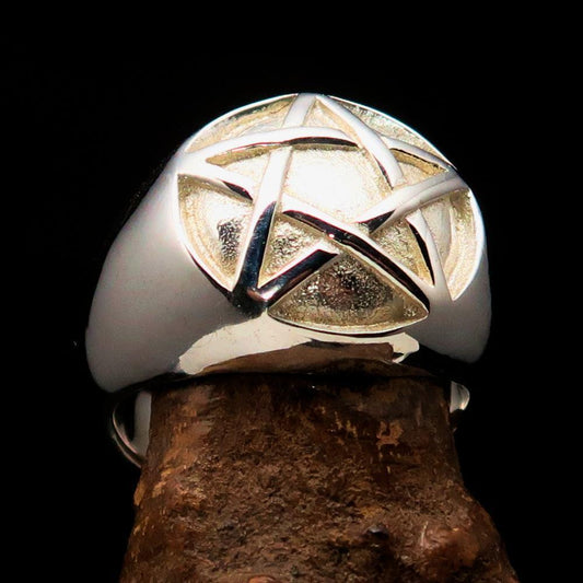 Excellent crafted Men's Pinky Ring domed Pentagram - mirror polished Sterling Silver-0