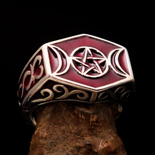 Men's Sterling Silver Ring Red Crescent Moon Pentagram Star-0