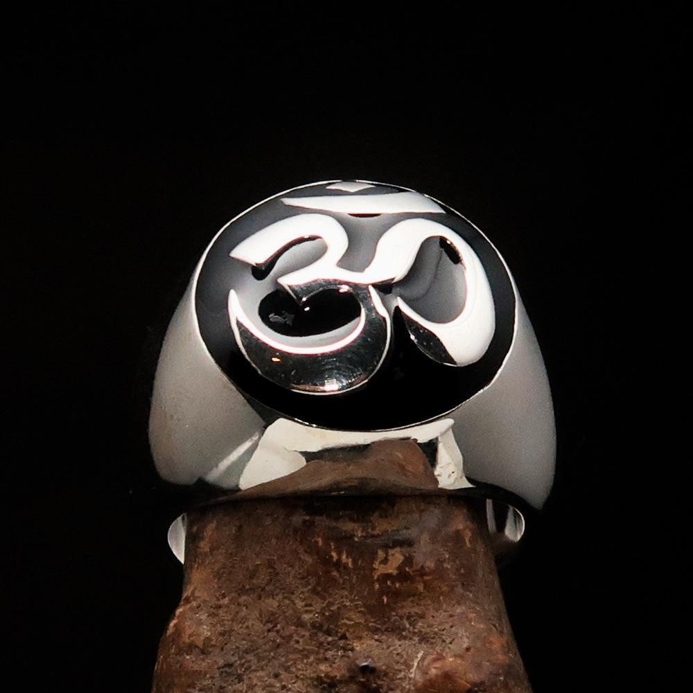 Nicely crafted domed Men's Buddhist Ring Black Aum Symbol - Sterling Silver-1