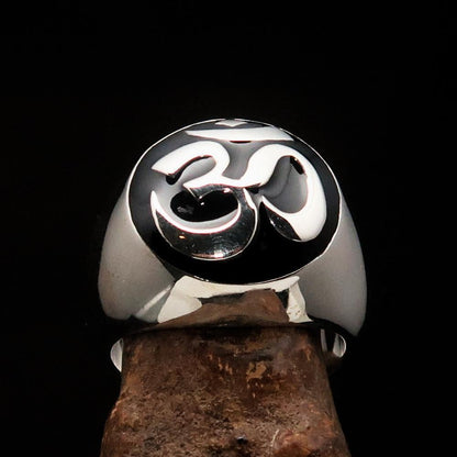 Nicely crafted domed Men's Buddhist Ring Black Aum Symbol - Sterling Silver-1